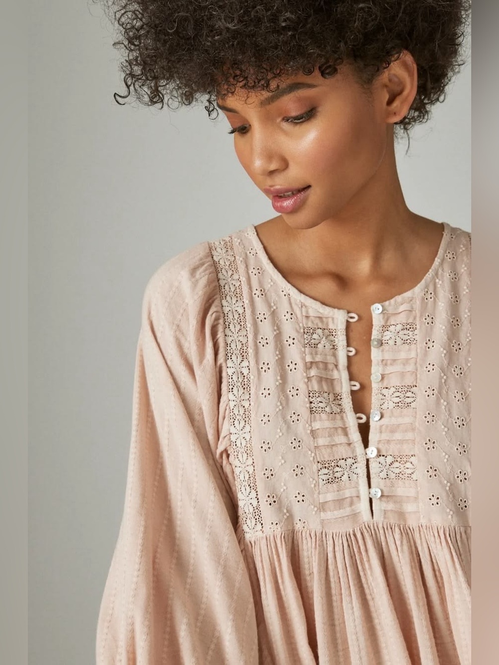 Lucky Brand Lace Yoke Tunic Top Cotton Viscose Peach Whip Medium Cottage Prairie - Picture 14 of 14